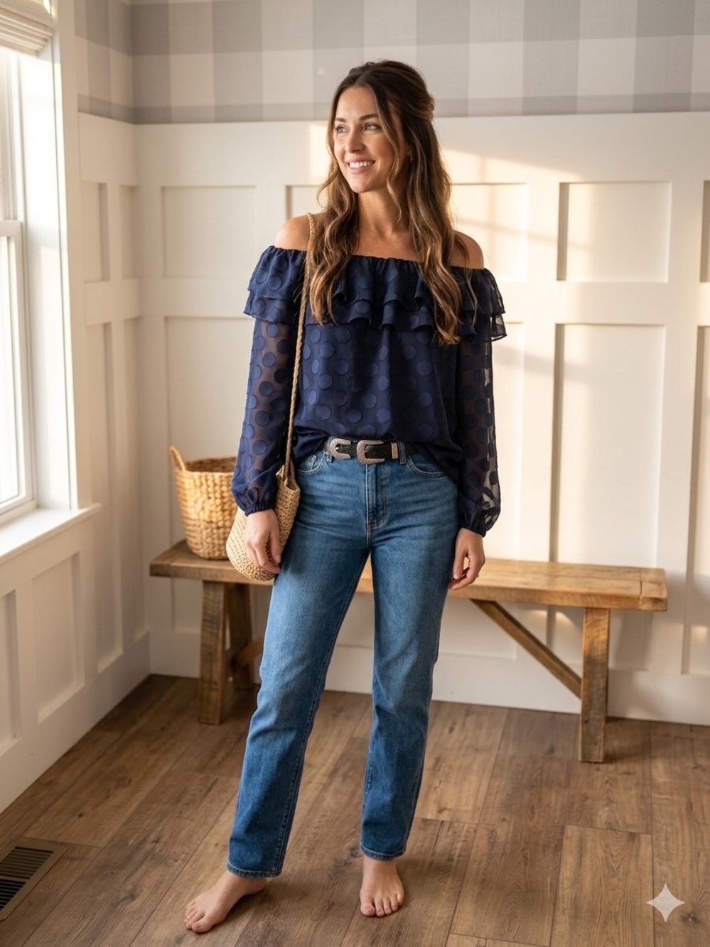 Michael Kors Navy Off-Shoulder Ruffle Dot Blouse Medium